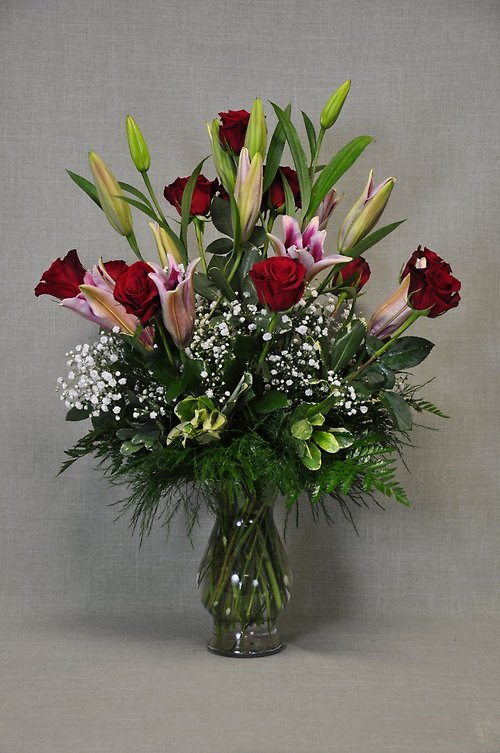Dozen Red Roses with Stargazer Lilies