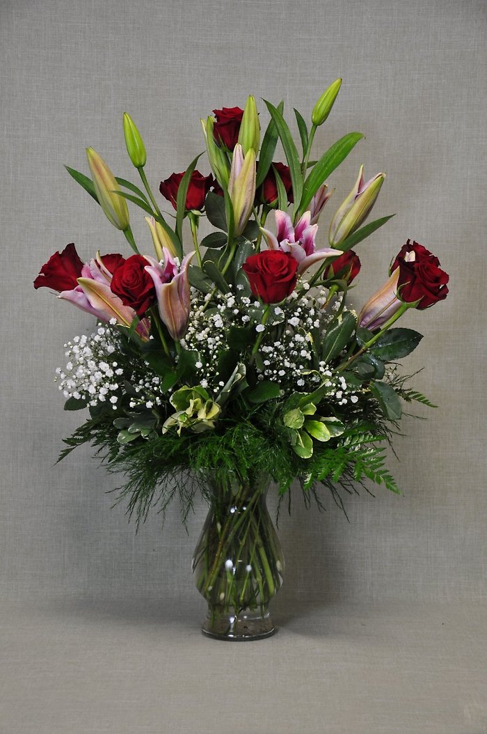 Dozen Red Roses with Stargazer Lilies